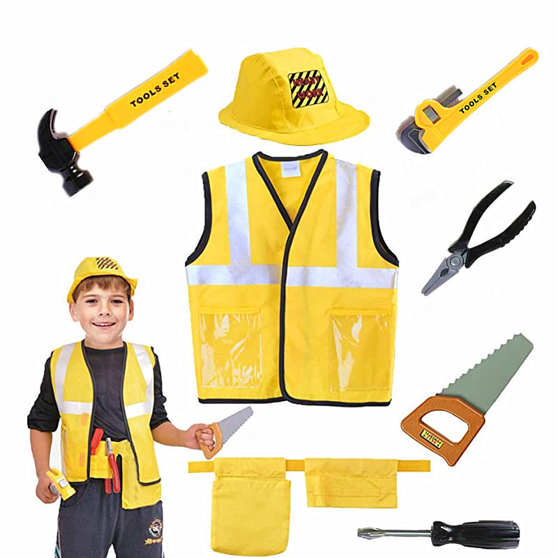 Tools Workshop Kids - ชุดเสื้อกั๊กคนงานก่อสร้างสําหรับเด็กวัยหัดเดิน, ชุดของเล่นคนงาน 5 ชิ้น, เสื้อกั๊กสะท้อนแสงสีเหลืองพร้อมเครื่องมือ, ชุดปาร์ตี้
